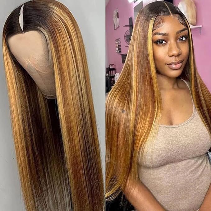 Highlight Ombre V Part Wigs Human Hair Straight Balayage Blonde U Part Wigs 180% Density Glueless Clip in Half Wigs for Black Women 24 Inch #T1BP4/27