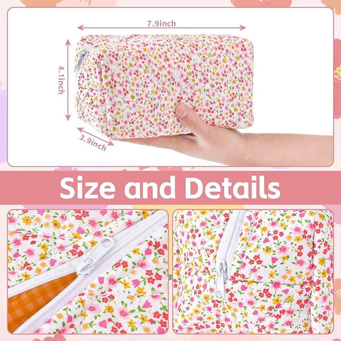 Puffy Coquette Floral Quilted Makeup Bag - Large Fashionable Travel Pouch, Cute Pink