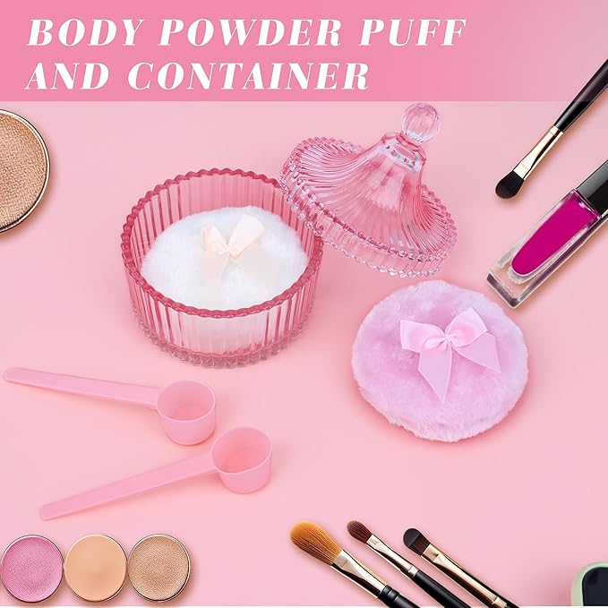 5PCS Body Powder Puff and Container, Coolrunner Crystal Clear Powder Container with Powder Spoon, Dusting Powder with Puff for Women, Washable Reusable (Pink)