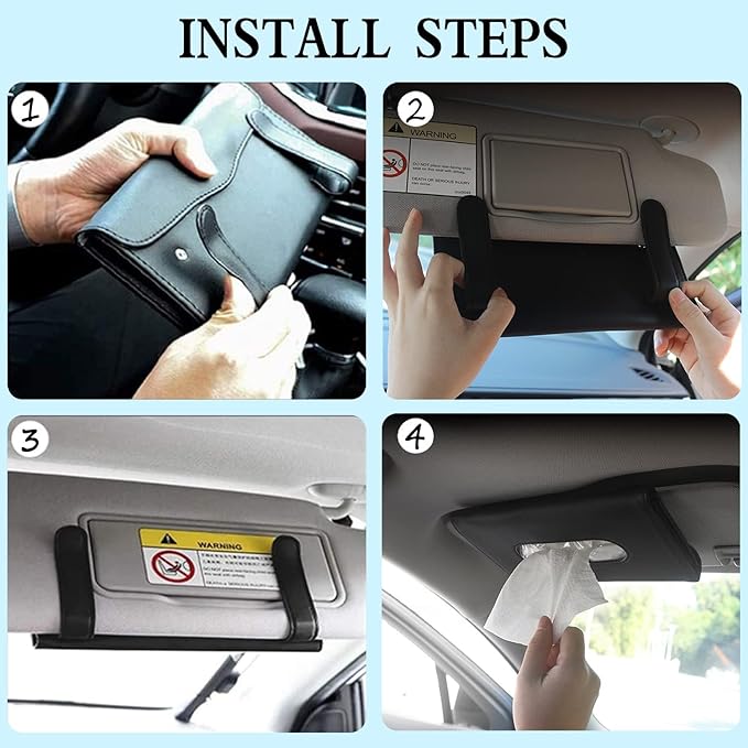 4Pack Car Tissue Holder, Sun Visor Napkin Holder, Premium PU Leather, Car Mask Holder for Sun Visor Vehicle, with Tissue Refill, Black