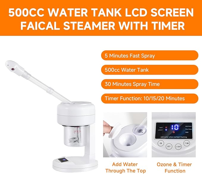 Nano Ionic Facial Steamer, Portable Face Steamer with LCD Screen, Extendable 360° Rotating Arm, Rotatable Nozzle, Hot Mist Function for Personal Care at Home or Salon