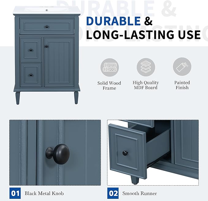 Harper & Bright Designs 24" Bathroom Vanity with Sink, Free Standing Single Basin Vanity Set with Tip-Out Drawer, 2 Drawers, and One Door, Storage Cabinet with Ceramic Basin for Bathroom, Blue Grey