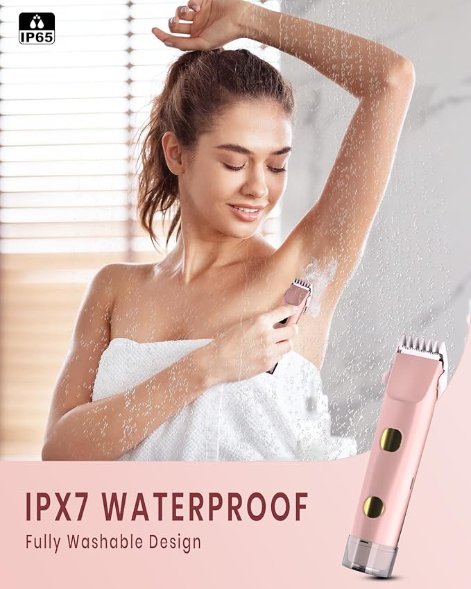 2-in-1 Bikini Trimmer for Women, IPX7 Waterproof Electric Shaver, Body Hair Trimmer & Electric Razor for Face, Lips, Pubic Area, Legs, Pink