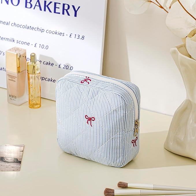 Small Quilted Striped Cosmetic Pouch for Purse, Mini Cotton Makeup Bag with Compartments, Cute Zipper Lipstick Holder for Women (27 Thin Stripes)