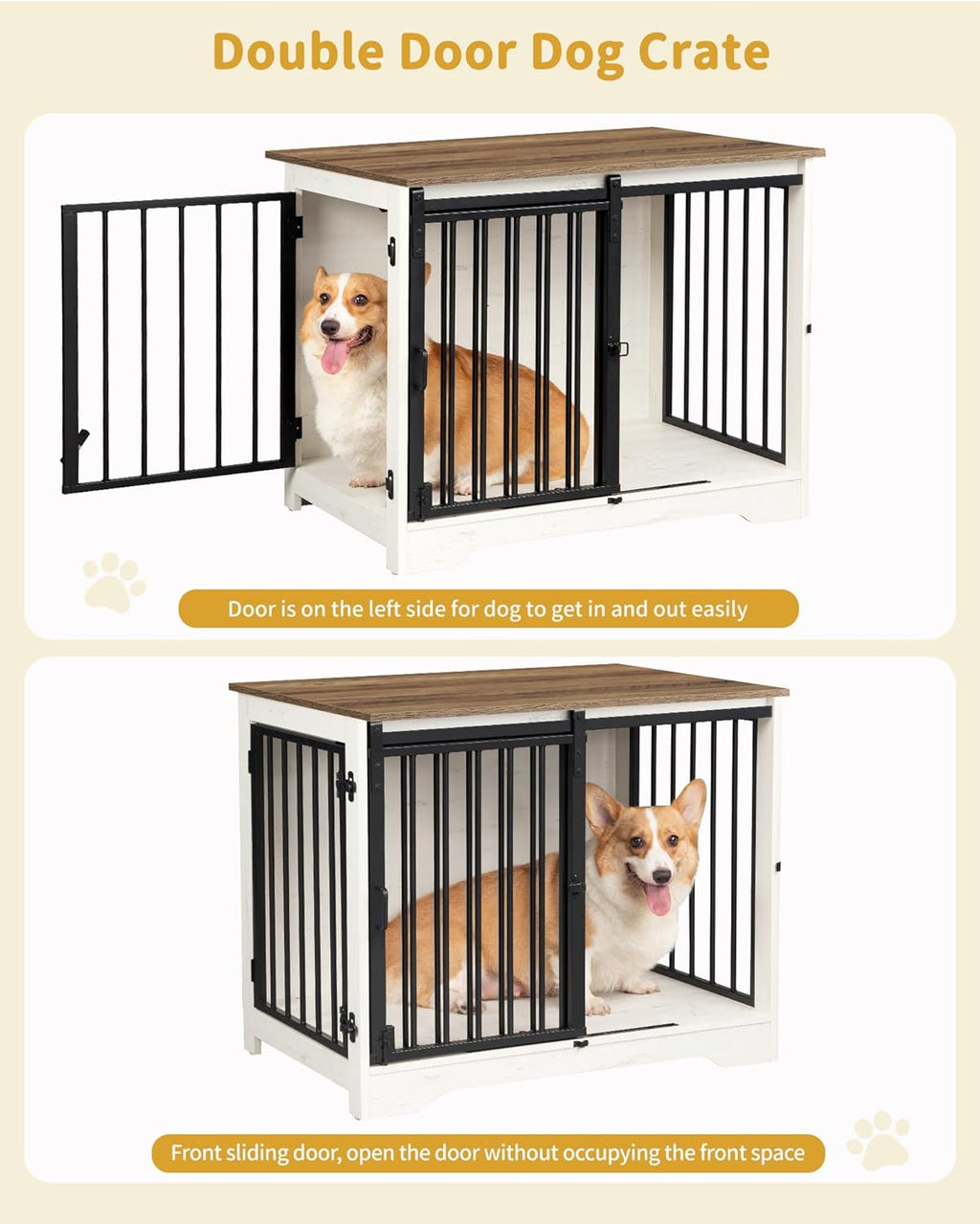 31.9" Dog Crate Furniture with Barn Door, Heavy Duty Dog Kennel Indoor with 2 Doors, Wooden Pet Cage End Table for Small Medium Dogs up to 44 lb, Anti-Chew Anti-Escape, White Brown DFC83614B