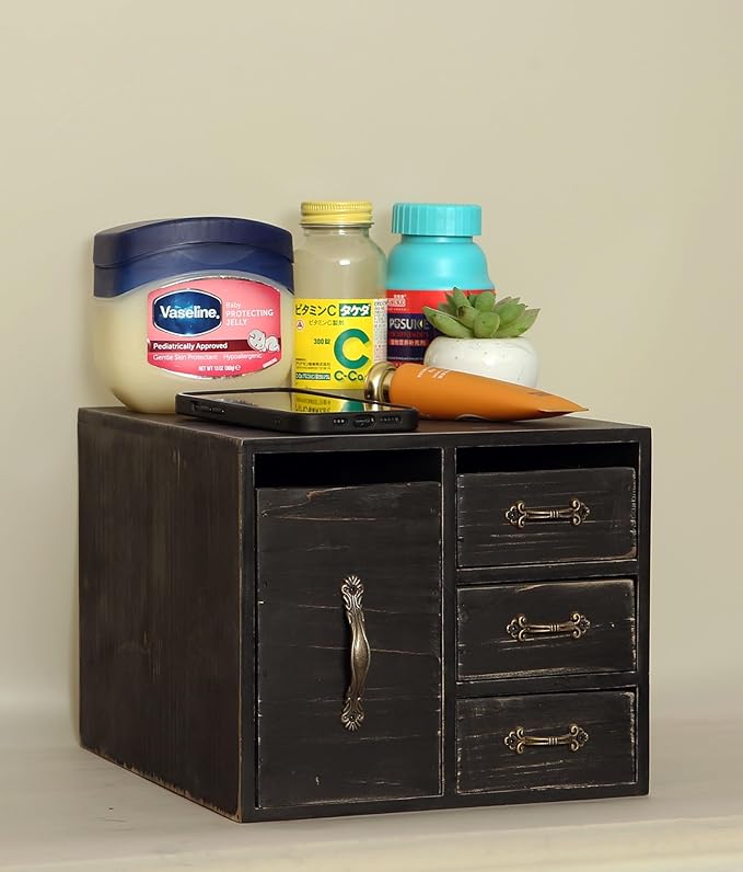 Rustic Beauty Organizer 4 Drawers - kitchen storage Wooden Cosmetic Storage Box for Neat & Home Office Desk &Organize &Storing of Makeup Tools,Bathroom Counter-top(Black, L)
