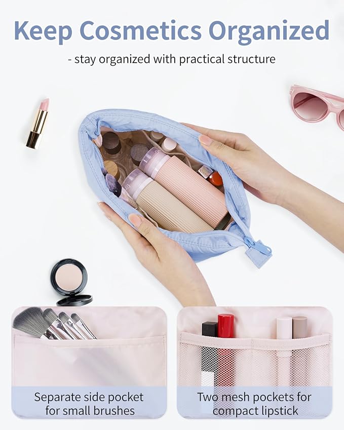 Narwey Travel Makeup Bag for Women Girl, Puffer Makeup Up Organizer Bag Cosmetic Bag, Puffy Cute Makeup Pouch Purse, Travel Toiletry Bag (Blue)
