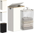 efluky Slim Laundry Basket with Lid, Narrow Laundry Hamper with Removable Bag, Skinny Dirty Clothes Basket with Bamboo Handles for Bathroom, Bedroom & Laundry Room, 75L Beige