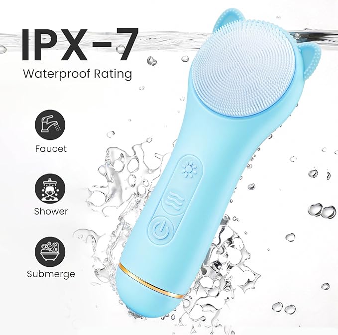 Face Scrubber Facial Cleansing Brush - Silicone Waterproof Rechargeable Electric Exfoliator Scrubber with Heated, 7 Colors LED Light Therapy, Makeup Remover Cleansing and Massaging (Blue)
