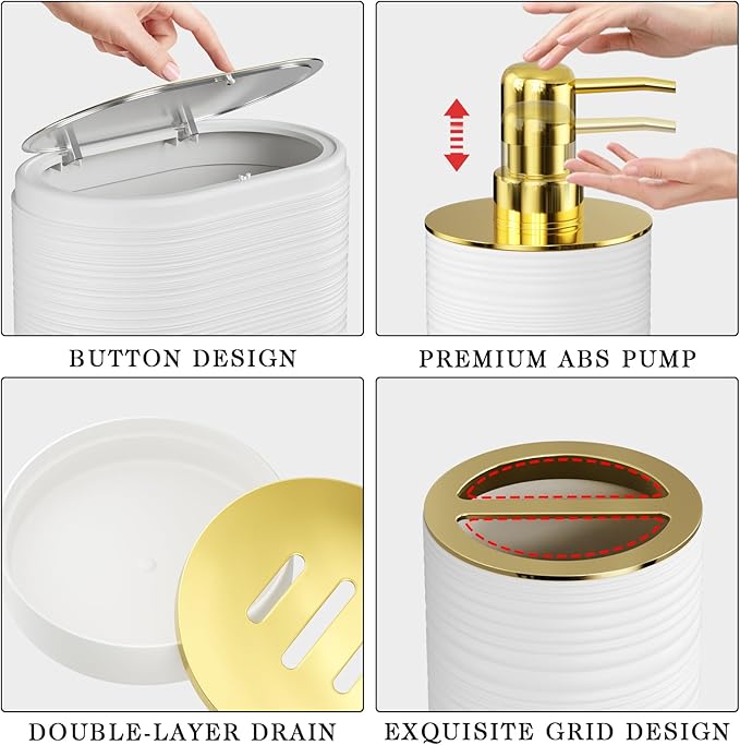 Bathroom Set, 10PC Bathroom Accessory Set, White Bathroom Accessories, White and Gold Bathroom Set with Trash Can, Soap Dispensers