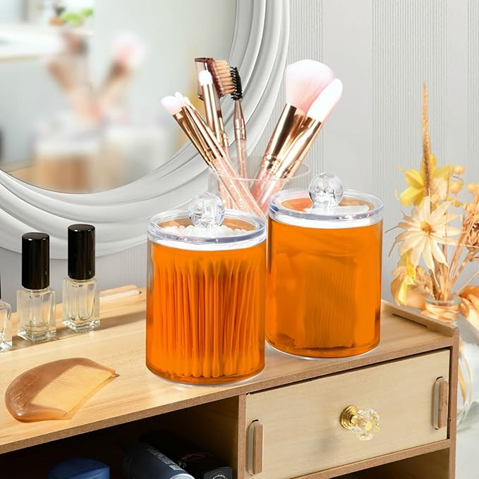 Orange Qtip Holder Organizer Dispenser Cotton Swabs Cans Plastic Jars with Lid Set 2 Pack Bathroom Storage Canister for Cotton Ball Floss Cotton Pads