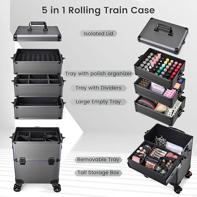 5 in 1 Makeup Train Case, Cosmetology Case on Wheels Travel Make up Case Rolling Nail Cart Makeup Organizer Cosmetic Storage Box Cases Extra Large Trolley Truck, 360° Swivel Wheels, Ashy Grey