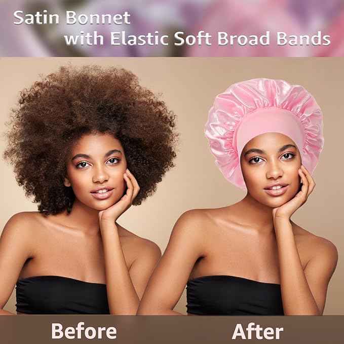 2 Pack Satin Bonnet Silk Bonnet for Sleeping Women, Hair Sleep Bonnets for Women, Wide Soft Band Large Sleep Cap for Curly Hair Braids