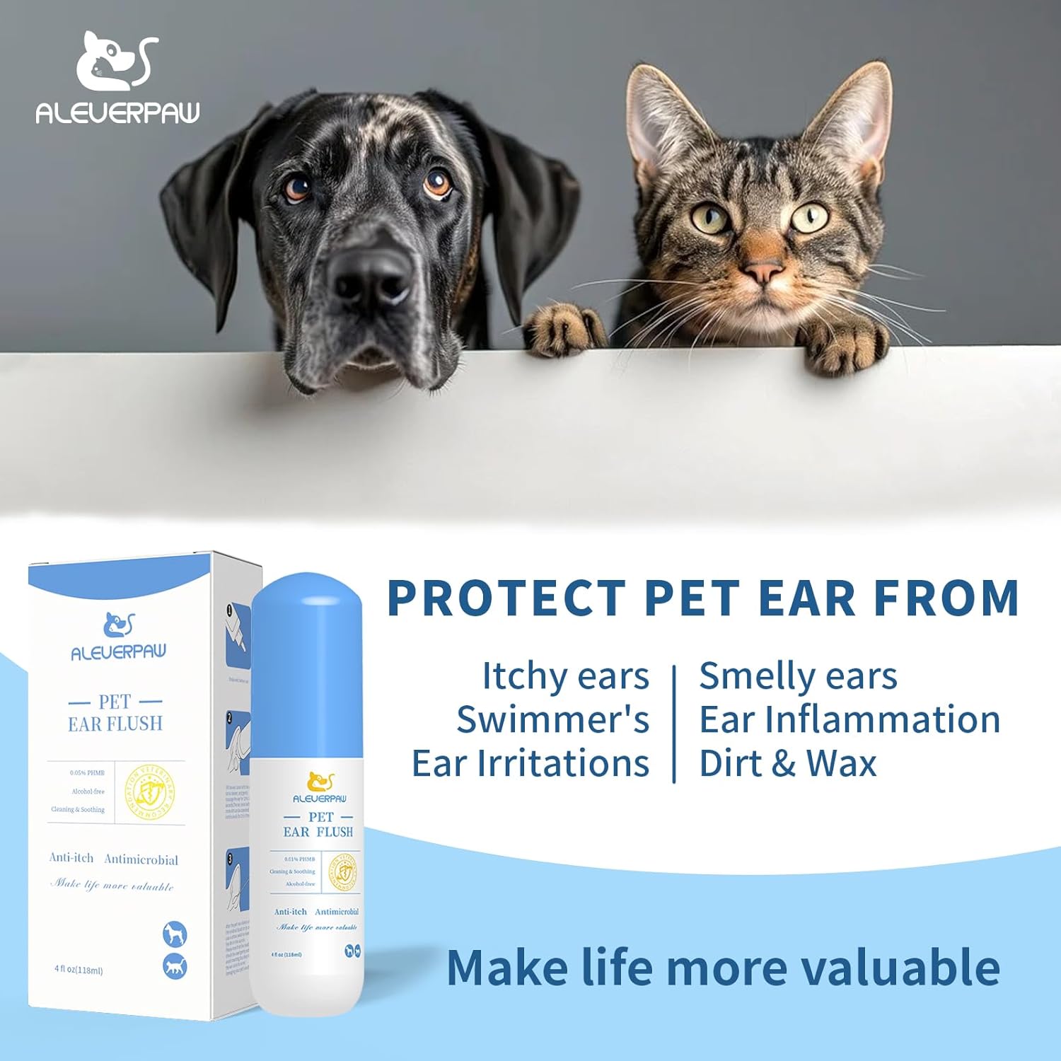 Tris Flush Cat & Dog Ear Cleaner - Dog Ear Infection Treatment with PHMB, Removes Wax, Odo, Gentle & Hypoallergenic, with 20 Cotton Qtips, 4 Fl oz