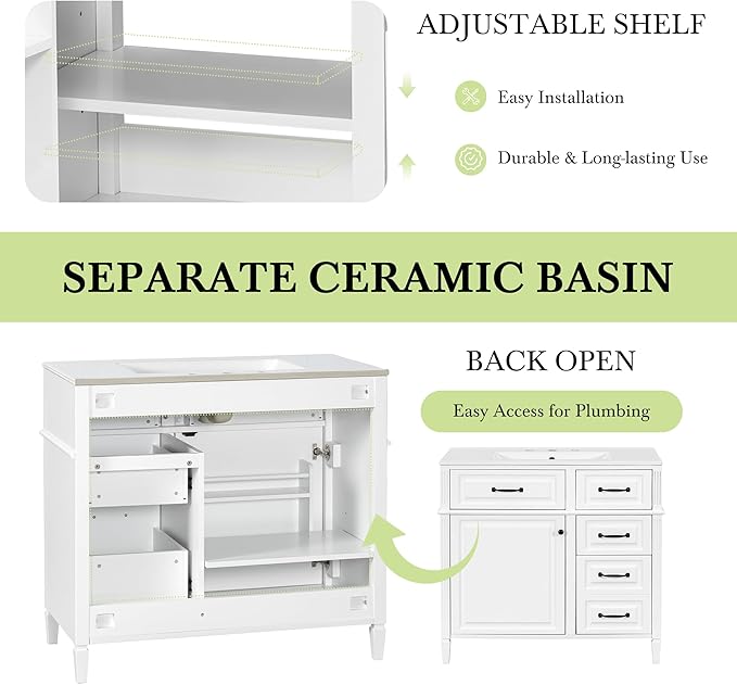 Harper & Bright Designs 36" Bathroom Vanity with Sink, Free Standing Vanity Set with 4 Drawers, Storage Racks, and Adjustable Shelf, Wood Bathroom Cabinet with Ceramic Basin for Bathroom, White