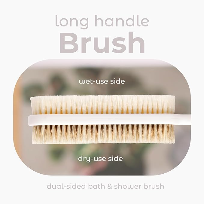 MainBasics Back Scrubber for Shower – Long Handle Dual-Sided Brush for Body Wash & Scrubbing with Exfoliating & Soft Bristles (White, Plastic)
