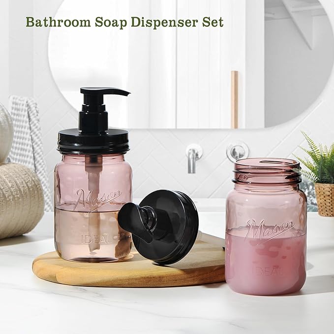 Amolliar 16 Oz Plastic Soap Dispenser, Refillable Hand Dish Soap Dispenser - Vintage Rose Bottle with Black Pump Lids, for Farmhouse Bathroom Kitchen, Includes 2 Extra Pump & Waterproof Label (2 Pack)
