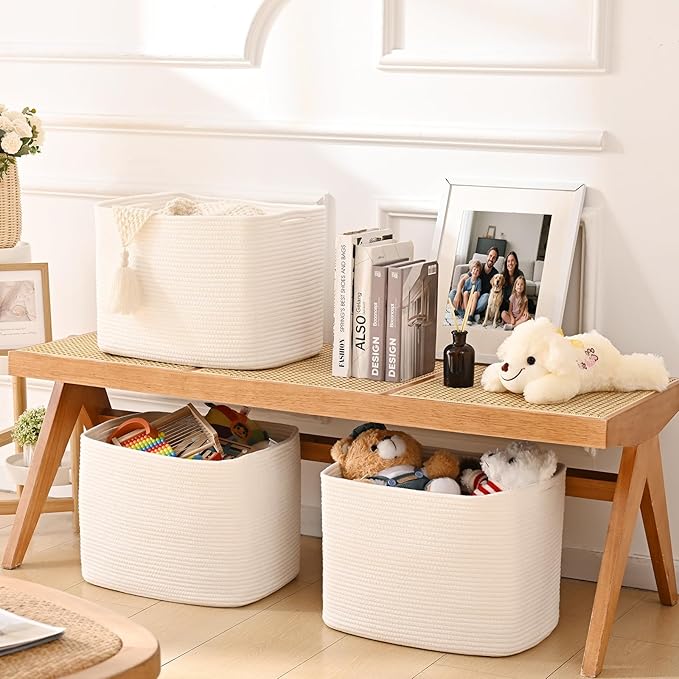 3 Pack Cube Storage Bin, 17”x12”x12” Cotton Rope Woven Baskets for Organizing Toys Clothes Towels, Square Gift Storage Baskets for Shelf, Nursery, Closet, Bathroom, Pantry (White)