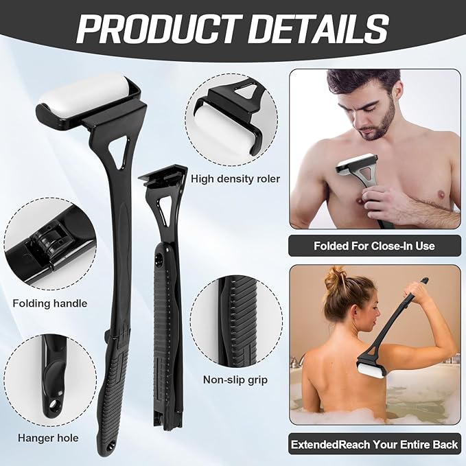 Lotion Applicator Set for Back & Body 18.3” Foldable Application Roller with 2 Reusable Rollers Back Applicator Strip with Hooks Apply Lotion Cream Ointment Self Tanner for Elderly Seniors (Black)