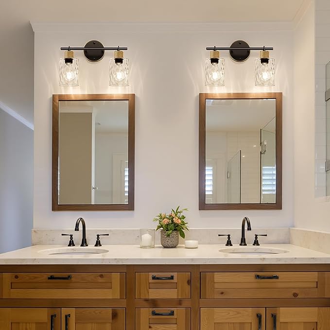 Bathroom Light Fixtures, 2-Light Coastal Vanity Lights with Crystal Glass Shade, Brown and Gold Bathroom Wall Lamp for Mirror Kitchen Hallway Cabinet