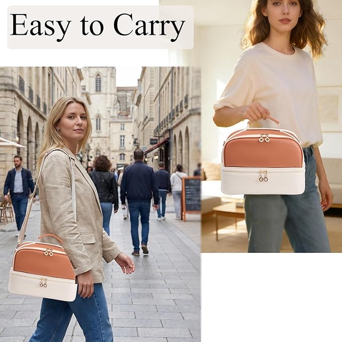 Nail Polish Organizer Holds 35 Bottles & Nail Lamp, Nail Organizers and Storage, Double Layer Nail Bag with Handle & Shoulder Strap for Travel, Nail Supplies Organizer for Manicure Kit (Brown+Beige)
