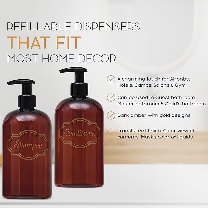 Bottiful Home-16 oz Shampoo and Conditioner Refillable Empty Plastic Pump Bottle Dispenser Set (Amber)