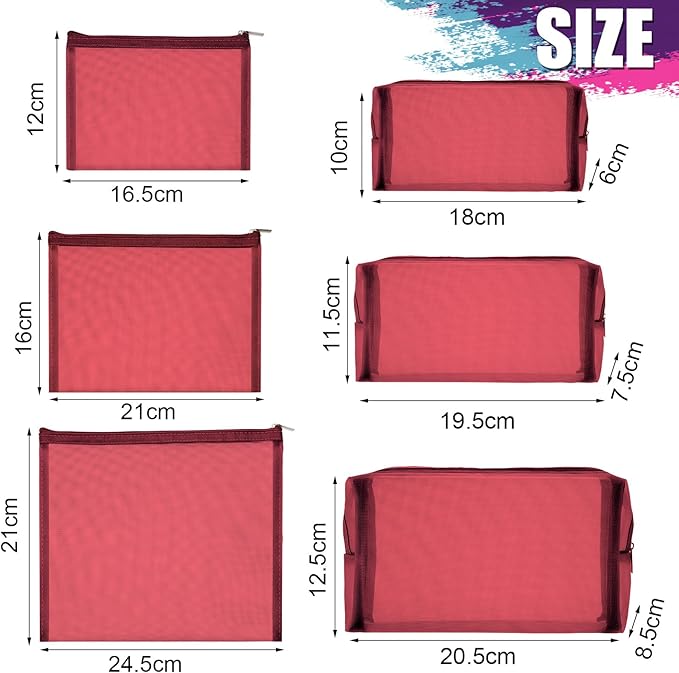 6 Pieces Mesh Makeup Bags Mesh Cosmetic Bag Portable Travel Organizing Zipper Pouch Toiletries Makeup Pouches for Home Office Travel Accessories