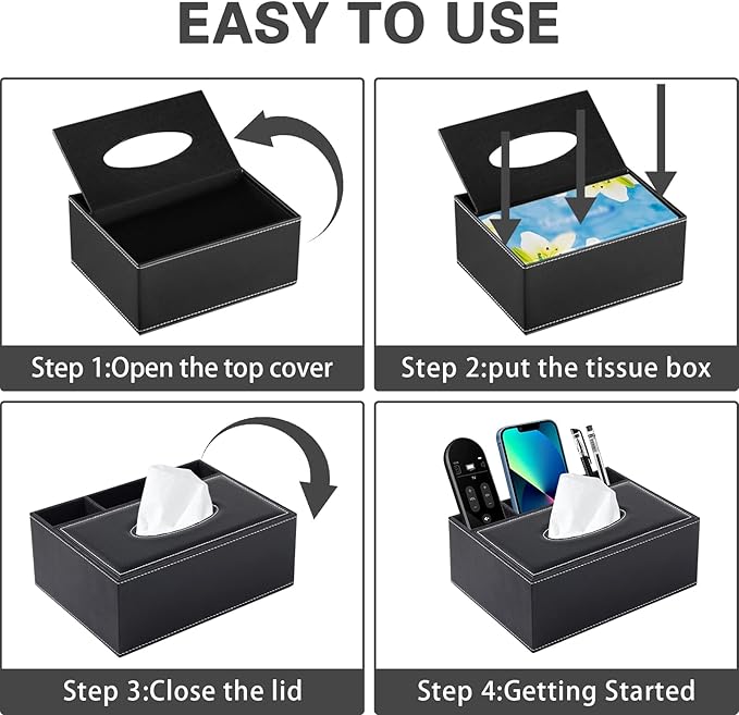 Multifunction PU Leather Tissue Box Cover Rectangular Upgrade Large Size Stationery Napkin Remote Control Holder Storage Box,Facial Tissue Dispenser Desk Organizer Caddy Home Office Supplies (Black)