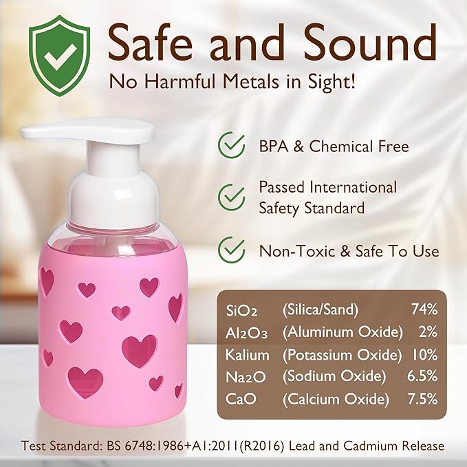 SoCal Suds & Company Foaming Hand Soap Dispenser Glass, Liquid Soap Pump with Heart Silicone Sleeve, Refillable Bottle for Kids, Baby Wash & Shampoo, Ideal for Bathroom & Kitchen Use, Bright Pink, 8oz