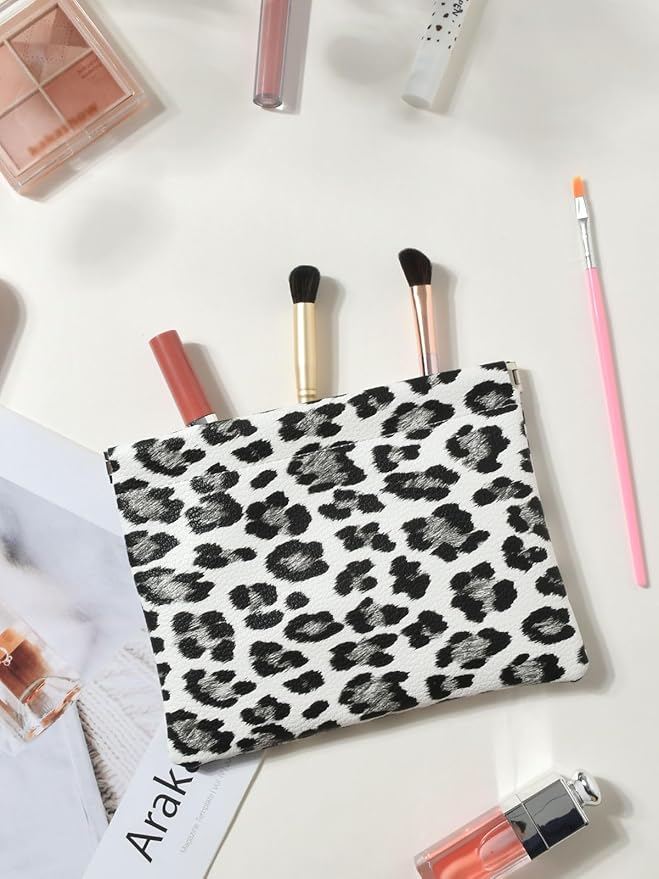 Leopard Leather Small Makeup Pouch for Women,Cosmetic Accessories,Waterproof and Portable Cosmetic Bag,Self-closing, No Zipper, Aesthetic Storage Pouch,Lipstick for Purse,White Black