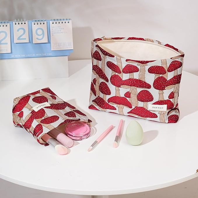 2 Pcs Makeup Bags for Purse, Large Cute Cosmetic Bag Travel Toiletry Bag Organizer for Women, Embroidery Craft Mushroom Makeup Bag Small Cosmetic Pouch Purse with Zipper (Red Mushroom)