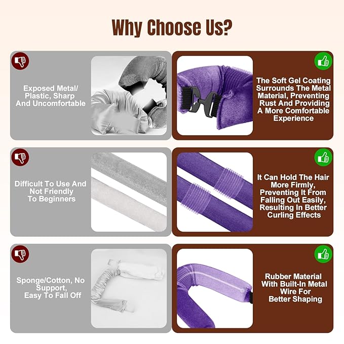 TULOBI 3 Pcs Heatless Curls Overnight - Upgraded Velvet Heatless Hair Curler with Velcro Fastener, Overnight Jumbo Blowout Rods, Hair Curlers to Sleep in for All Hair Types (Purple)