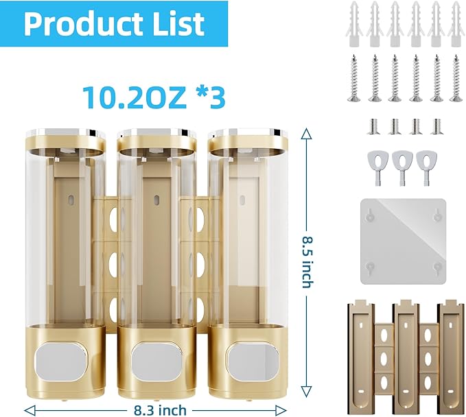 VITVITI Shampoo and Conditioner Dispenser for Shower Wall, Shower Soap Dispenser 3 Chamber No Drill Wall Mounted, 10.2 OZ Plastic Refillable Shower/Body Wash Bottles for Bathroom (Glod)