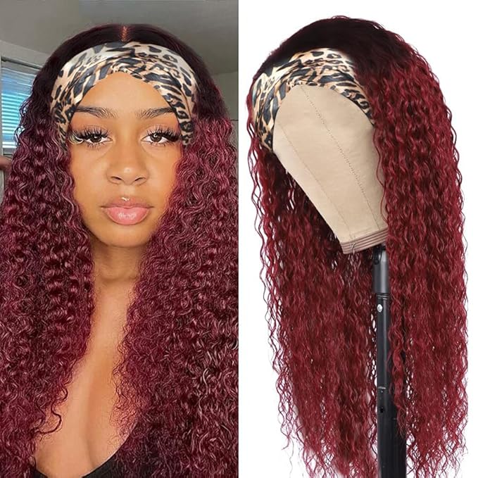 XSY Headband Wig Human Hair 1B/99J Burgundy Deep Wave Headband Wig Red Colored Curly Headband Wig Glueless No Lace Front Wig Brazilian Virgin Human Hair Wigs for Black Women 150% Density 18 Inch
