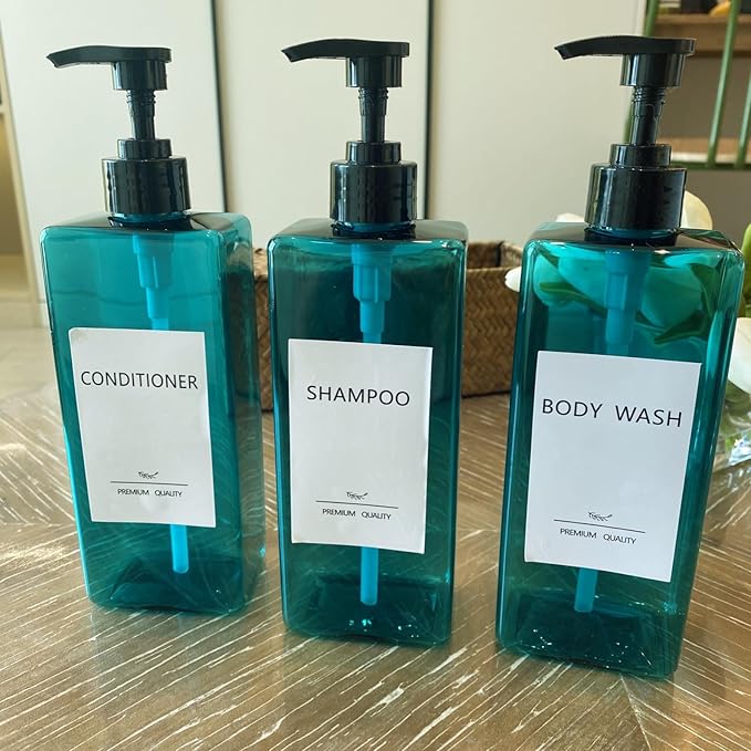Shampoo and Conditioner Dispenser Set, 3Pack Refillable Shampoo and Conditioner Bottles with Labels, 500ml Soap Dispenser 16.9oz Shower Dispenser Square Pump Bottle for Bathroom and Kitchen - Sea Blue