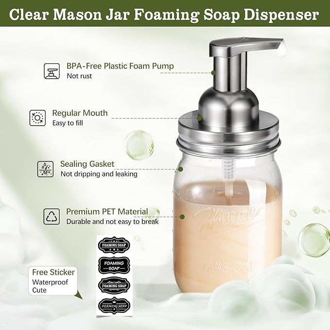 Amolliar Plastic Mason Jar Foaming Soap Dispenser with Pump Lid,16OZ Refillable Hand Soap Dispenser with Cute Lables - Farmhouse Decor for Kitchen/Bathroom, Lotion Dish Soap (1 Pack, Silver)