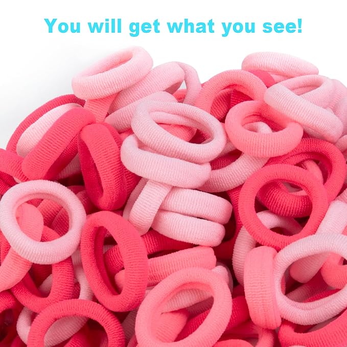 BAOLI 200PCS Pink Toddler Hair Ties for Baby Girls, Seamless Kids Ponytail Holders, Small Cotton Girls Baby Hair Ties Bands No Damage, 1 Inch in Diameter, Pink Series