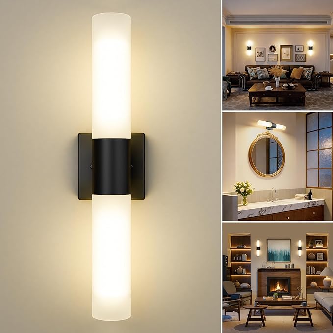 Kalium Bathroom Wall Sconce Fixture, 21 Inch Modern Vanity Lights with Frosted Glass Shade, Indoor Sconces Lighting Wall Decor Lamps for Bathrooms Living Room Stairs Bedroom (Black)
