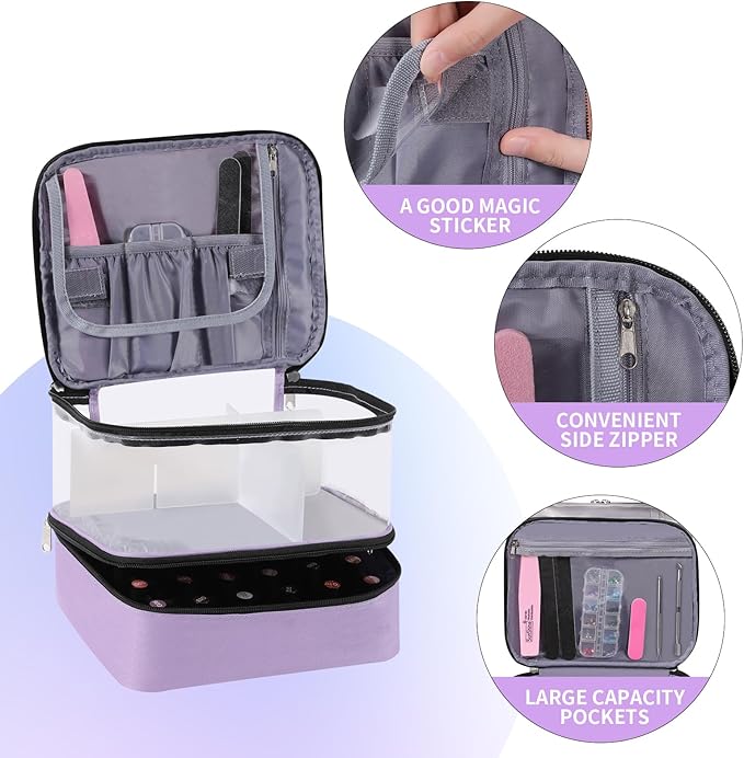 Clear Nail Polish Organizer Double layer Nail Polish Holds 30 Bottles and Nail Lamp, Nail Dryer Case Storage Supplies with Adjustable Dividers, Portable Nail Carrying Bag for Nail Tech (Purple)