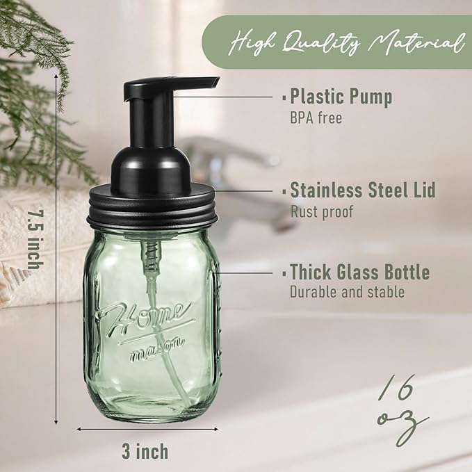 SheeChung 16 Oz Mason Jar Foaming Soap Dispenser, Stainless Steel Lid, BPA Free Pump, Green Glass Foam Hand Soap Dispenser, Refillable Liquid Foam Dispenser Bottle for Bathroom Kitchen-Black, 2 Pack