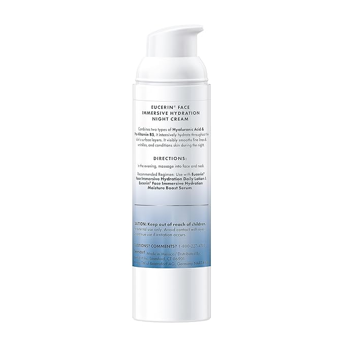 Eucerin Face Immersive Hydration Night Cream with Hyaluronic Acid and Provitamin B5, Ultra-Lightweight Face Moisturizer Smooths Fines Lines and Wrinkles, 2.5 Oz Bottle
