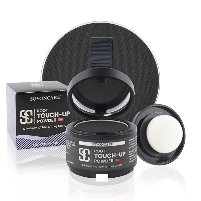 Root Touch Up Powder for Women - SOVONCARE Wet Hairline Powder to Cover Gray Hair, Thinning Hair & Bald Spots, Waterproof Hair Color Cover Up（Black 0.14 Oz）