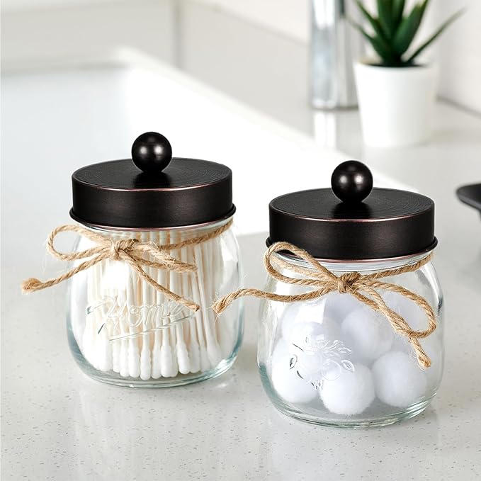 SheeChung Small Mason Jar, Glass Qtip Holder, Apothecary Jars with Lids, Bathroom Organizers and Storage, Bathroom Canister for Q-tips, Floss, Balls, Cotton Swabs, Farmhouse Decor-Oil Rubbed Bronze