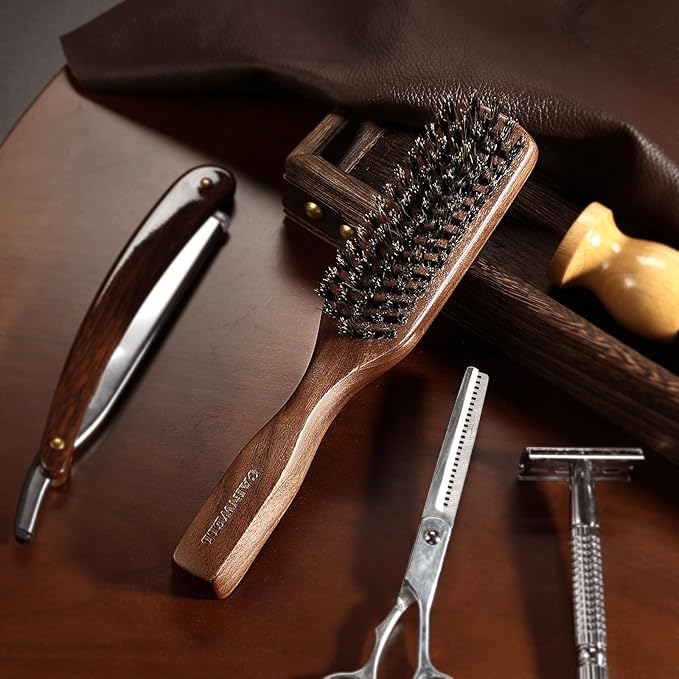 GAINWELL Mens Wild Boar Bristle Hair Brush for Men, Slick Back Hair Brush with Stiff Bristles for Thick Hair, Natural Black Walnut Wooden Handle Hairbrush, Beard Mustache Brush Comb