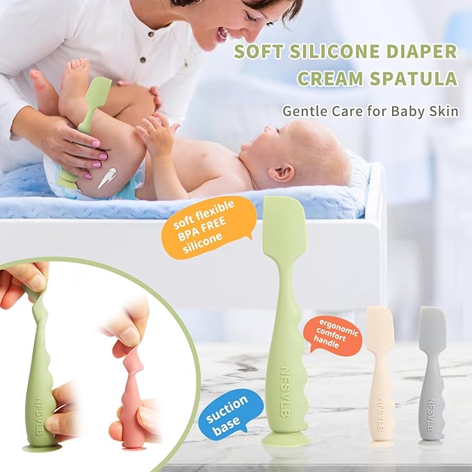 Baby Diaper Cream Spatula with Case,1 Large 2 Mini Diaper Spatula with 2 Case,Butt Spatula Baby Diaper Cream Applicator, Soft Butt Paste Spatula Diaper Rash Spatula with Case Green Red Beige