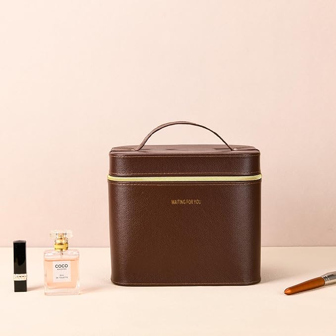 Luxury Hard brown makeup box, Portable leather hard cosmetic case with mirror, Sturdy train case make up box for women adults. (Monolayer - Brown)
