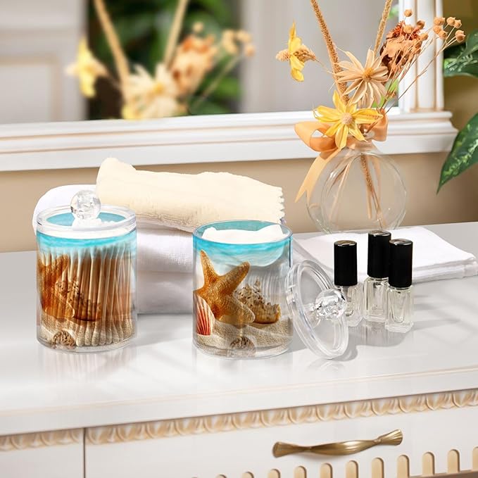 ALAZA 2 Pack Qtip Holder Dispenser for Cotton Ball Beach Starfish Ocean 2 Cotton Swab Round Pads Clear Plastic Acrylic Jar Set Bathroom Canister