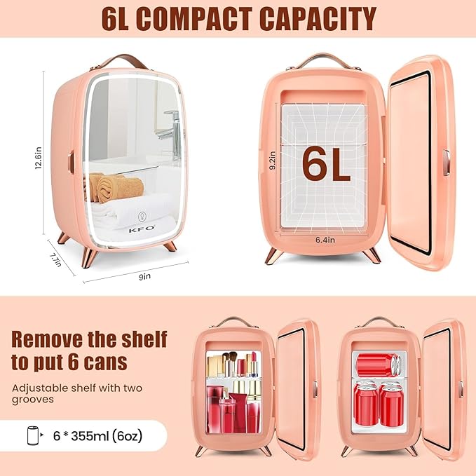 KFO Skincare Fridge 6L with Mirror and Light（3-Light Mode） | Pro-Style Beauty Fridge for Bedroom & Makeup | 6°C Cooling + 20dB Ultra-Quiet | 8-Can Drink and Cosmetic Storage & Adjustable Shelf