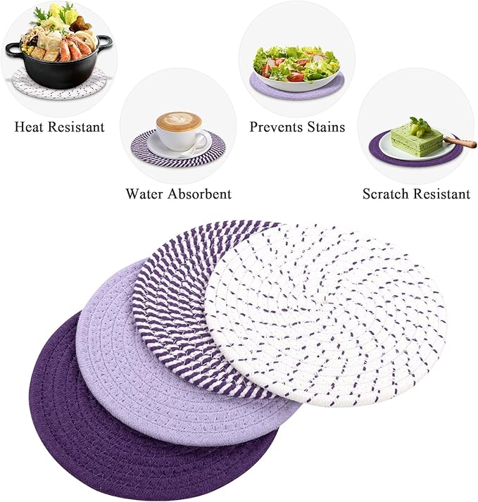 SHACOS 8 Inches Trivets for Hot Dishes, 4 Pieces Cotton Trivets Mats for Kitchen, Hot Pads for Countertops and Table, Heat-Resistant Pot Holders for Hot Pots and Pans(Purple, 4pcs)