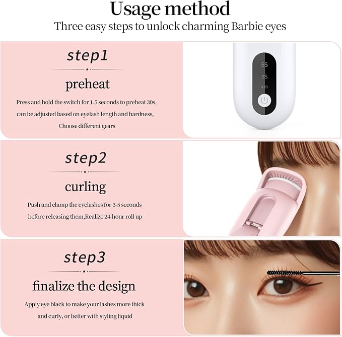 Heated Eyelash Curler for Natural Lashes 2 Level Adjustable Temperature Mini Electric Lash Curler Fast 3 Second Heat Up 24 Hours Long Lasting Curl (WhiteBlue)